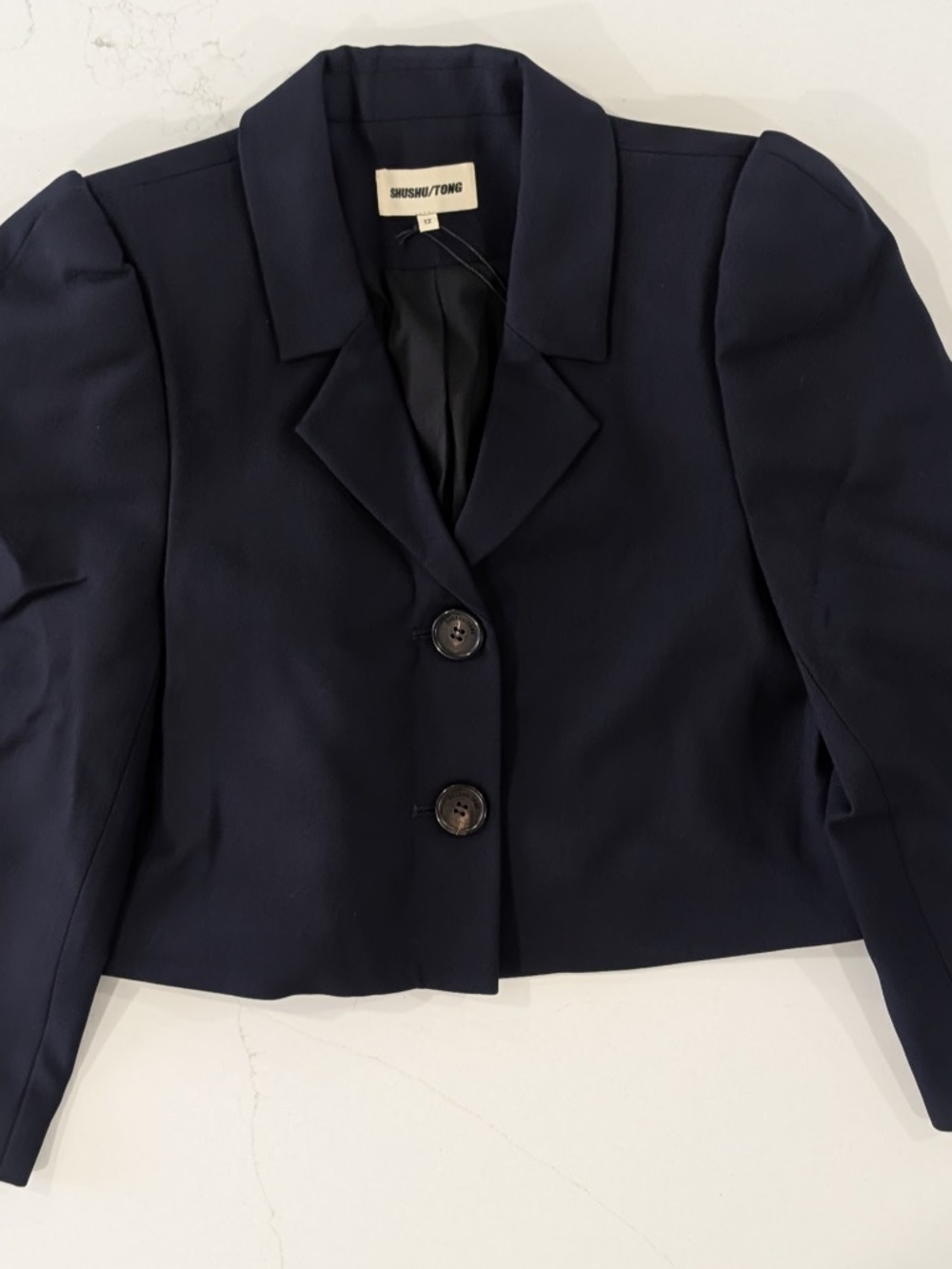 SHUSHU/TONG Cropped Puff Sleeve Blazer Navy Blue Jacket Size L UK 12 Wool Silk